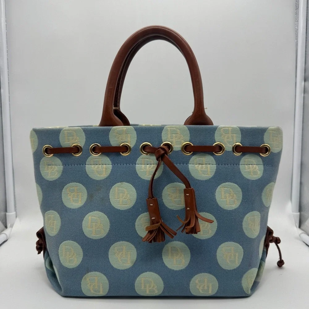 Dooney & Bourke Vintage Blue Denim DB Logo Circle Print Tote Bag‎ Brown Leather
